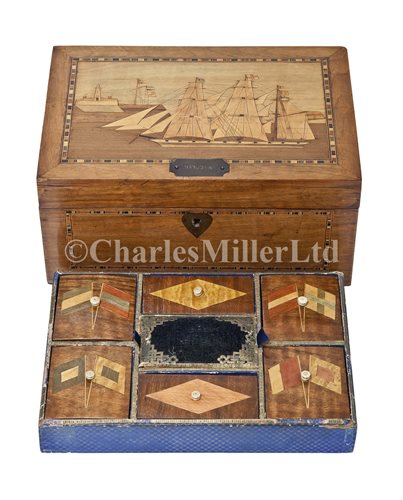 Lot 171 - A 19TH-CENTURY MARINE MARQUETRY WORK BOX<br/>the...