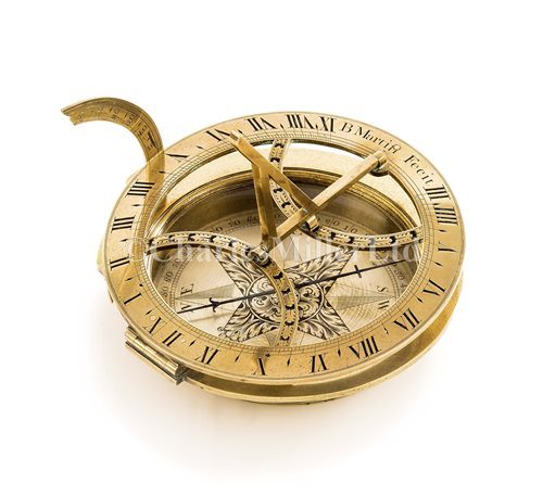 Lot 201 - AN 18TH-CENTURY COMPASS SUNDIAL BY BENJAMIN...