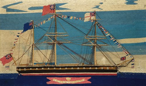 Lot 157 - A FINE SAILOR'S WOOLWORK OF H.M.S. PRINCE...