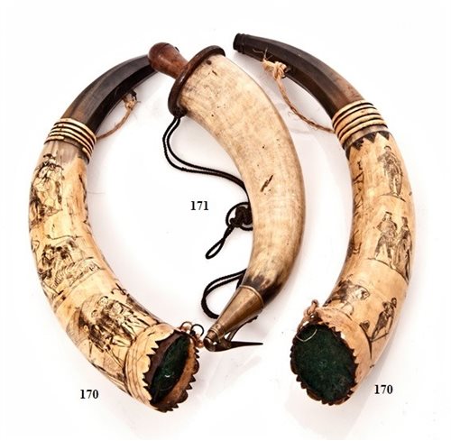Lot 170 - A PAIR OF SCRIMSHAW-DECORATED COW HORNS, CIRCA...
