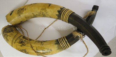 Lot 170 - A PAIR OF SCRIMSHAW-DECORATED COW HORNS, CIRCA...