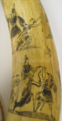 Lot 170 - A PAIR OF SCRIMSHAW-DECORATED COW HORNS, CIRCA...