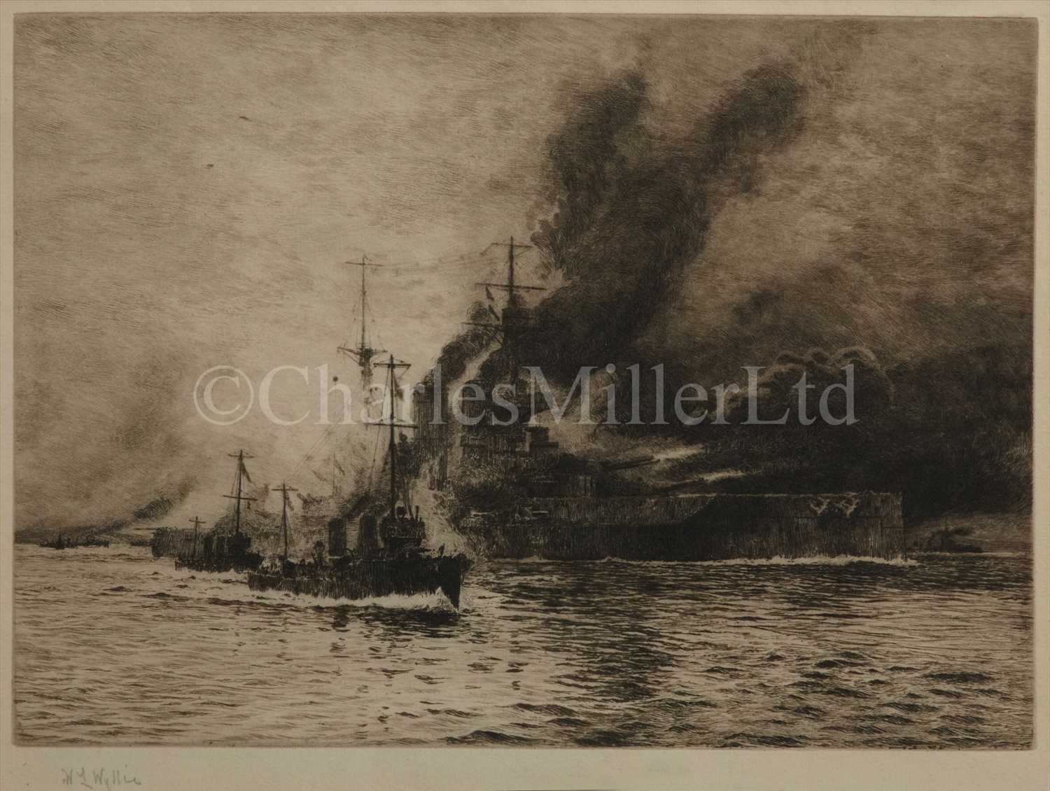 Lot 93 - W.L. WYLLIE 1851-1931<br/>A battleship firing a...