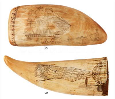Lot 107 - A 19TH-CENTURY SCRIMSHAW-DECORATED WHALE'S...