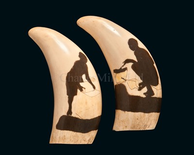 Lot 168 - A PAIR OF SCRIMSHAW-DECORATED WHALES'...