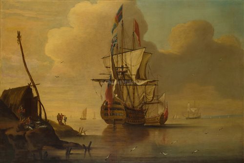 Lot 61 - CIRCLE OF PETER MONAMY (BRITISH, 1681-1749): The 'Royal Sovereign' drying her sails and attended by an Admiralty yacht