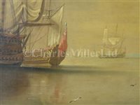 Lot 41 - CIRCLE OF PETER MONAMY (BRITISH, 1681-1749): The 'Royal Sovereign' drying her sails and attended by an Admiralty yacht