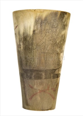 Lot 80 - A 19TH-CENTURY SCRIMSHAW-DECORATED HORN...