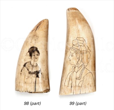 Lot 99 - A 19TH-CENTURY SCRIMSHAW-DECORATED WHALE'S...
