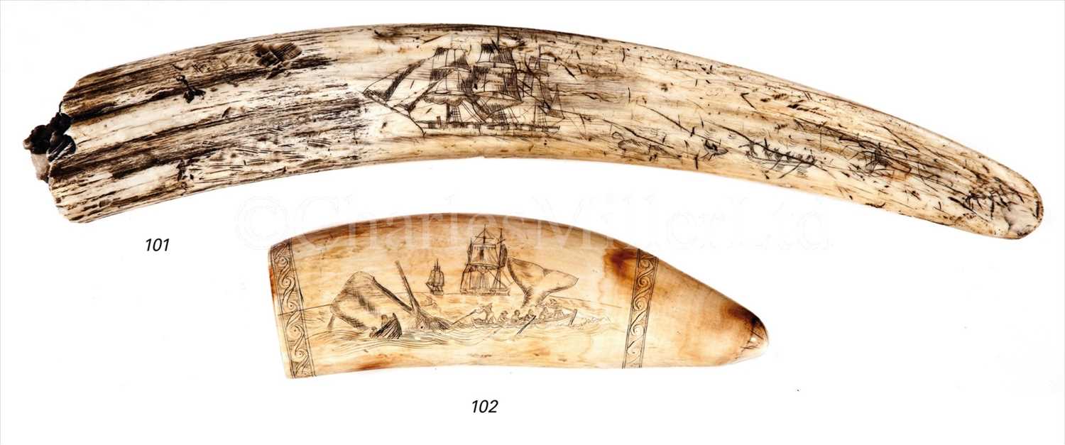 Lot 102 - A 19TH-CENTURY SCRIMSHAW-DECORATED WHALE'S...