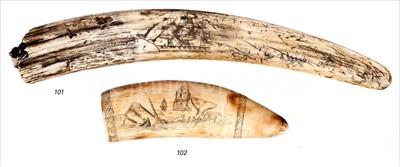 Lot 102 - A 19TH-CENTURY SCRIMSHAW-DECORATED WHALE'S...