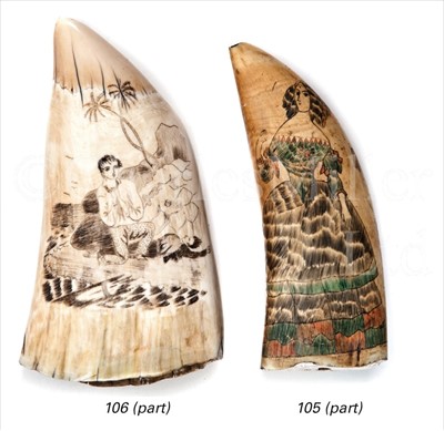 Lot 106 - A LARGE SCRIMSHAW-DECORATED WHALE'S...