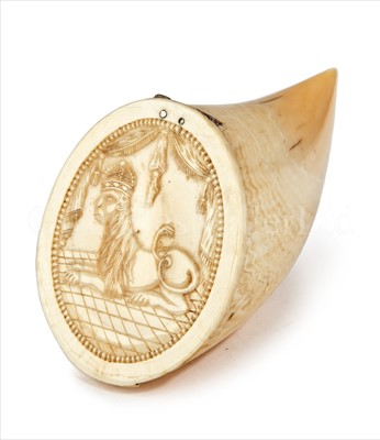 Lot 119 - AN UNUSUAL WHALE'S TOOTH SNUFF MULL<br/>the lid...