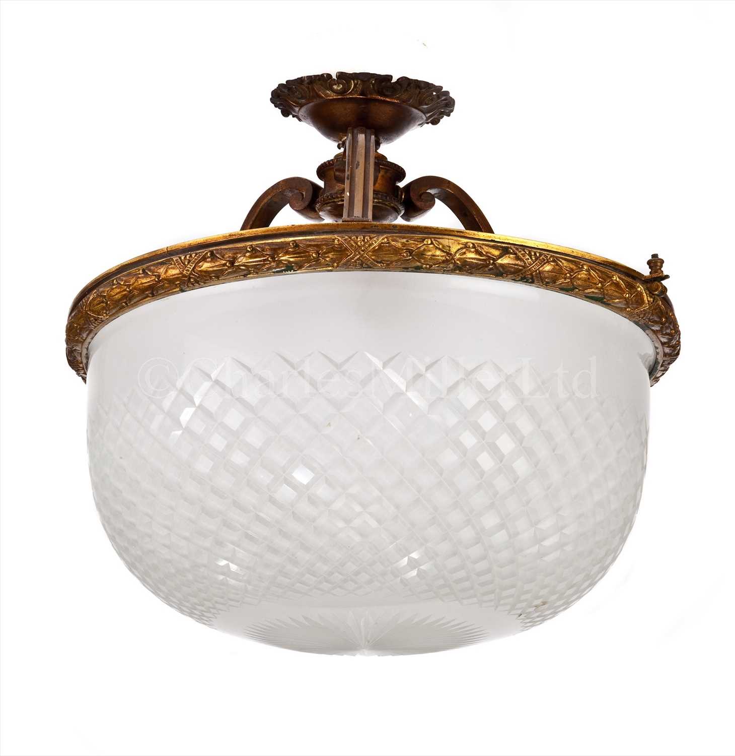 Lot 130 - A LARGE CUT-GLASS THREE-LIGHT FITTING FROM...