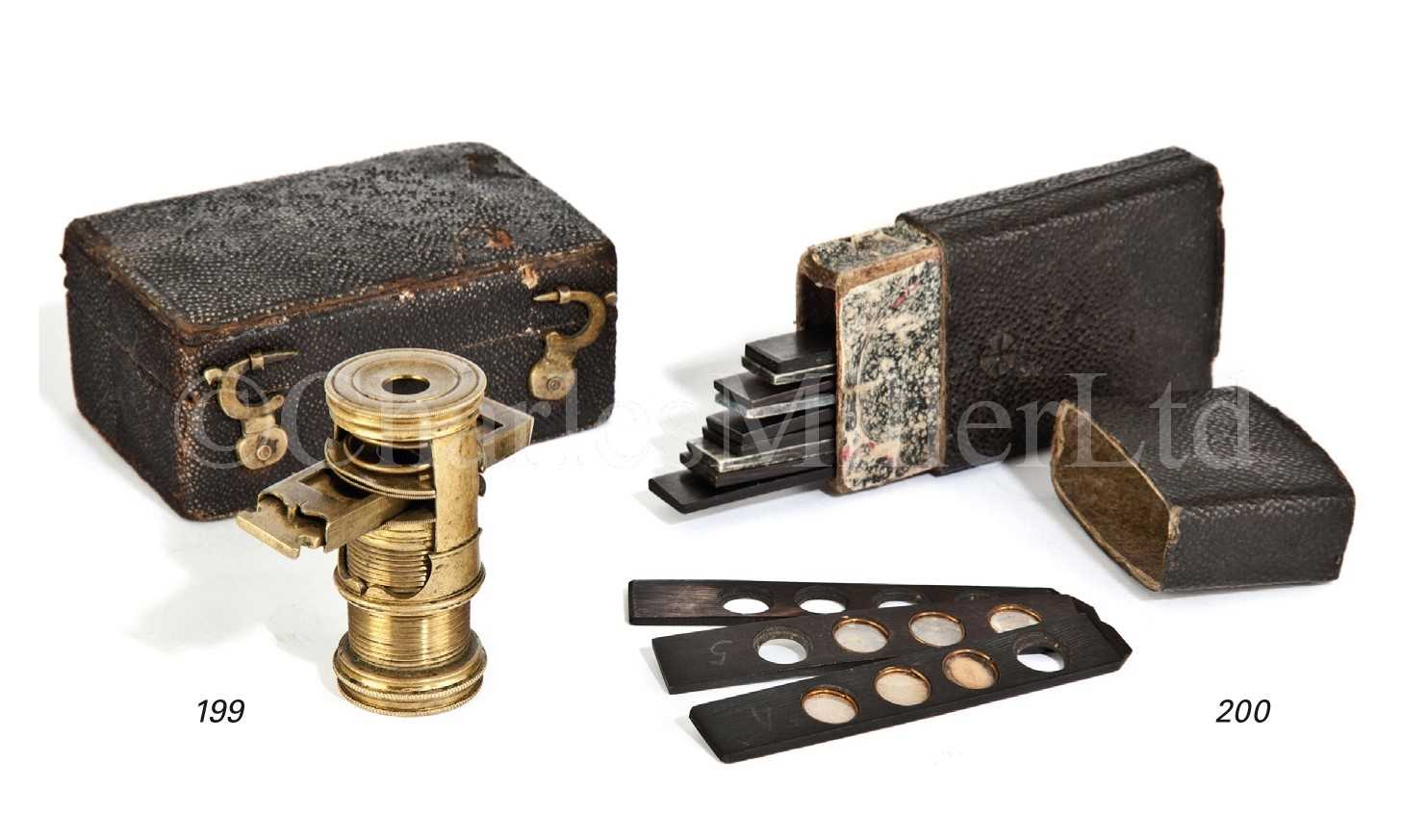 Lot 199 - A BRASS SCREW-BARREL POCKET MICROSCOPE,...