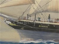 Lot 19 - δ PELHAM JONES (BRITISH, 1890-1950) - Study of the three-masted schooner 'Benicia'