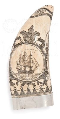 Lot 124 - A 19TH-CENTURY SCRIMSHAW-DECORATED WHALE'S...