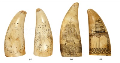 Lot 91 - A PAIR OF 19TH-CENTURY SCRIMSHAW-DECORATED...