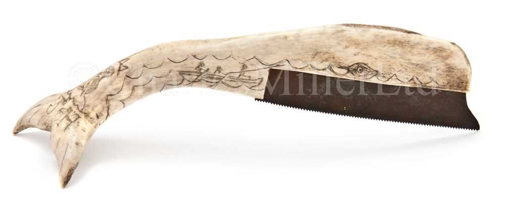 Lot 127 - A RARE AND UNUSUAL 19TH-CENTURY SAILOR'S SCRIMSHAW-DECORATED WHALEBONE SAW