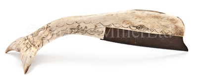 Lot 127 - A RARE AND UNUSUAL 19TH-CENTURY SAILOR'S SCRIMSHAW-DECORATED WHALEBONE SAW