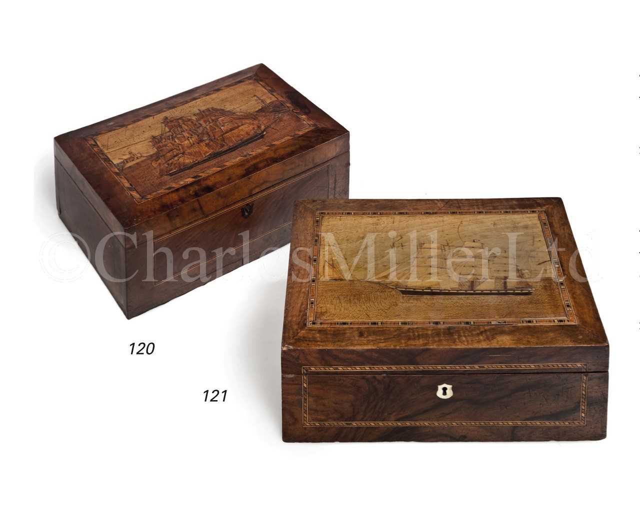 Lot 120 - A 19TH-CENTURY MARQUETRY WORKBOX <br/>the lid...