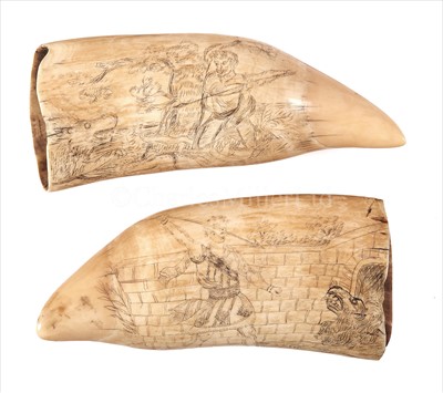 Lot 141 - A 19TH-CENTURY PAIR OF SCRIMSHAW-DECORATED...