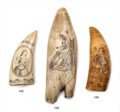 Lot 142 - A 19TH-CENTURY SAILOR'S SCRIMSHAW-DECORATED...