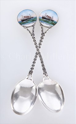 Lot 114 - TWO SILVER AND ENAMEL SOUVENIR TEA SPOONS FROM...