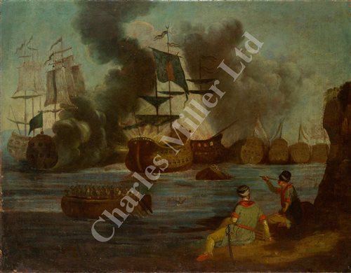 Lot 38 - CONTINENTAL SCHOOL, LATE 18TH CENTURY - Two Turkish figures observing a naval battle