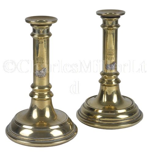 Lot 55 - A PAIR OF BRASS CANDLESTICKS, POSSIBLY FROM...